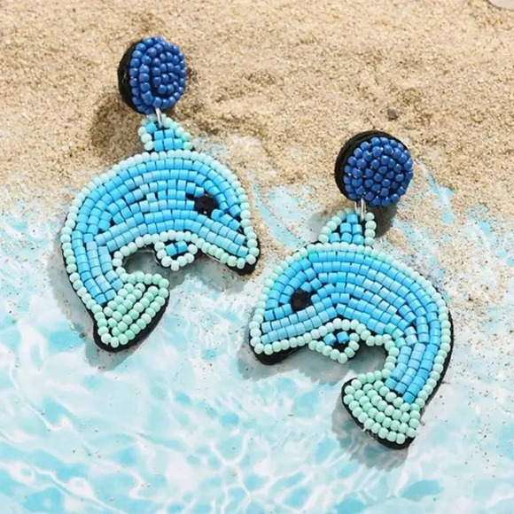 Anthropologie Blue Dolphin Ocean Blue Beaded Earrings - Picture 3 of 8